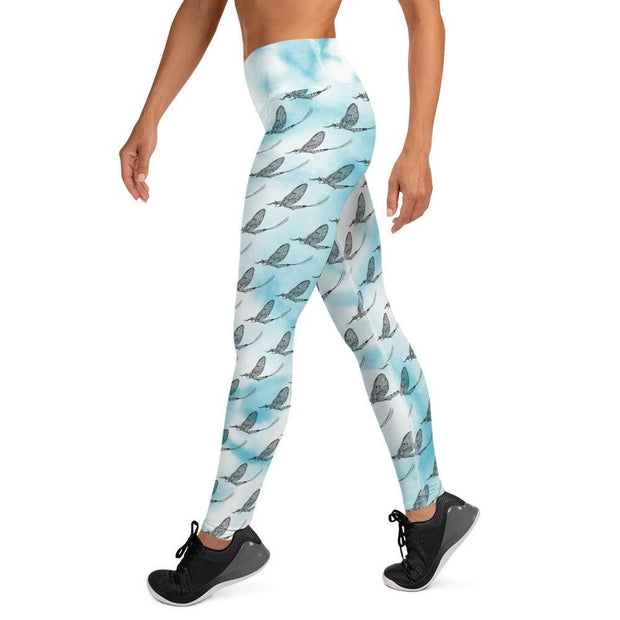 Mayfly Pattern Yoga Leggings (Cloudy Blue) - High on the fly