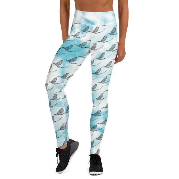 Mayfly Pattern Yoga Leggings (Cloudy Blue) - High on the fly