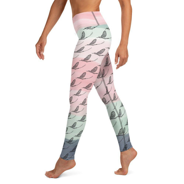 Mayfly Pattern Yoga Leggings (pink/green/grey) - High on the fly