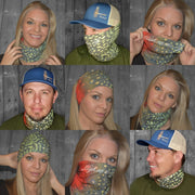 Picture of how to use Neck Gaiters on the neck, over the face, as a head band, and as a hat.  - High on the fly Accessory