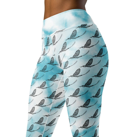 Mayfly Pattern Yoga Leggings (Cloudy Blue) - High on the fly