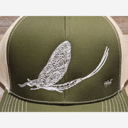 White Mayfly embroidered fly fishing structured trucker hat in Moss Green color. - High on the fly Hats
