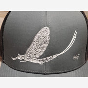 White Mayfly embroidered fly fishing structured trucker hat in Graphite color. - High on the fly Hats