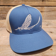 White Mayfly embroidered fly fishing structured trucker hat in Ocean Blue color. - High on the fly Hats