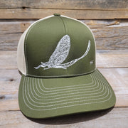 White Mayfly embroidered fly fishing structured trucker hat in Moss Green color.- High on the fly Hats