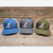 White Mayfly embroidered fly fishing structured trucker hat in Ocean Blue, Graphite, and Moss Green colors. - High on the fly Hats